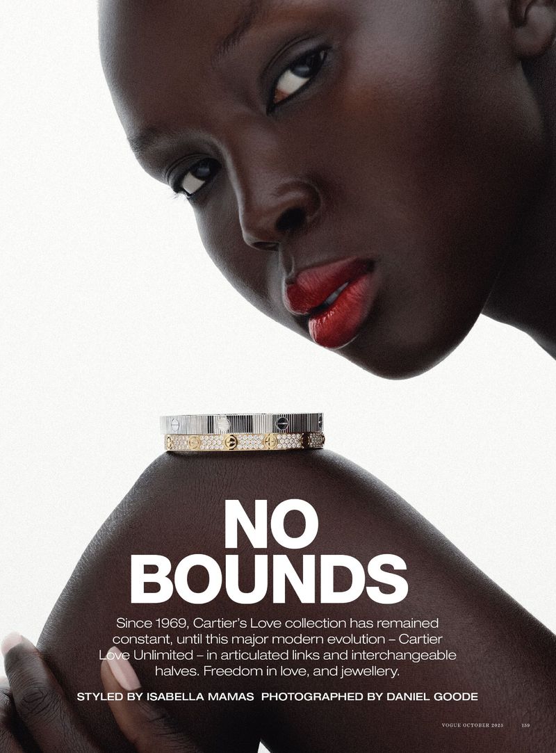 Close-up studio shot of a woman with dark skin wearing bracelets and red lipstick on a white background with marketing text overlay.
