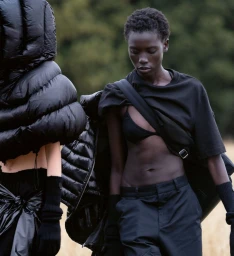Model in black t-shirt and trousers carrying a puffer jacket outdoors