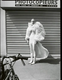 Model in white dress and textured jacket standing in front of shuttered storefront with bicycle in foreground