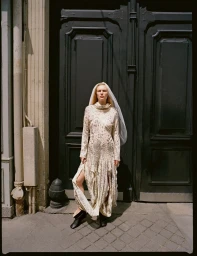Model Astrid Østergaard wearing a patterned long dress and veil standing before tall dark doors in Runaway Bride for Mixte