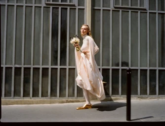 Model Astrid Østergaard walks along a glass-paneled building wearing a flowing ivory bridal gown and holding a bouquet.