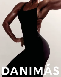 Muscular woman wearing a fitted black dress against a plain neutral background with bold white typography at the bottom.