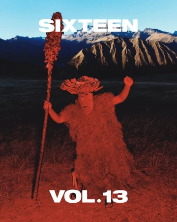 Person in a fringed costume holding a tall staff in an open field with a mountain range under a clear sky, reminiscent of a music album.