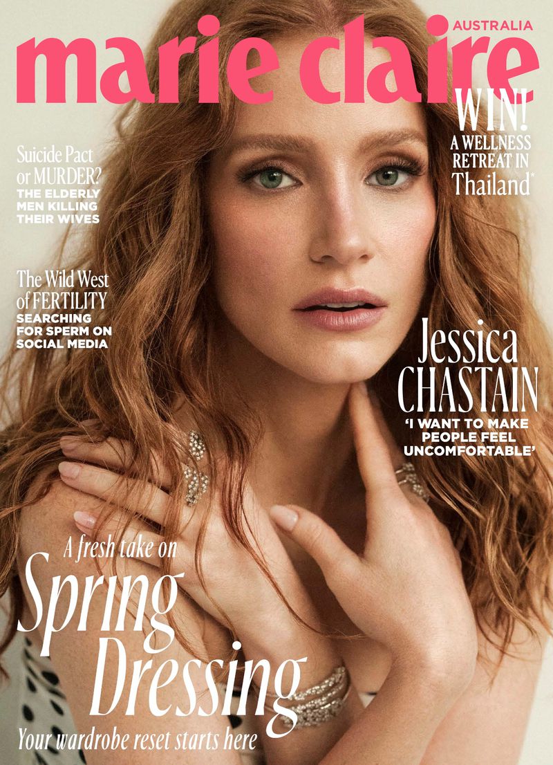 Marie Claire Australia cover featuring Jessica Chastain. The portrait shows her face and upper body with her hands near her face.