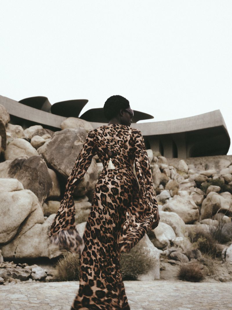 Adult female fashion model in leopard print dress walks in rocky desert landscape near modern architecture building on overcast day.