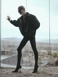 Model Elsa Hosk wearing a black leather jacket and patterned tights posing by a large window overlooking a desert landscape for Helsa.