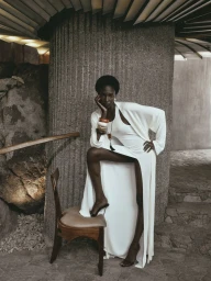 Black model wearing white dress and coat resting foot on wooden chair in architectural interior