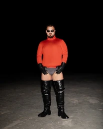 Man wearing red turtleneck, black leather gloves, and thigh-high black boots standing against a dark backdrop