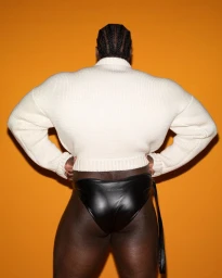 Rear view of a Black man with braided hair wearing a white textured sweater and black briefs against an orange background.