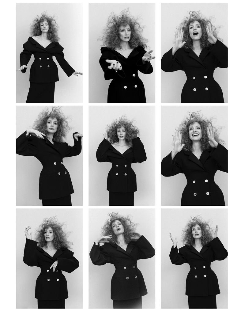 Black and white collage of a woman in a black jacket and skirt with wild curly hair, posed in nine different angles and expressions.