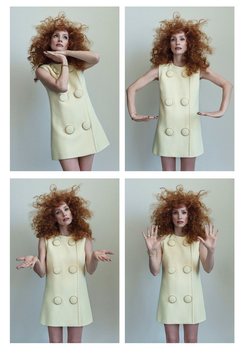 Woman in a yellow dress with buttons posing in four different poses in a studio setting. Her red curly hair is a key feature.