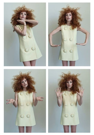 Woman in a yellow dress with buttons posing in four different poses in a studio setting. Her red curly hair is a key feature.
