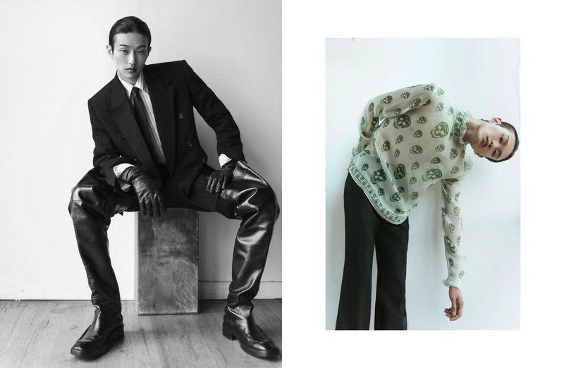 Two separate studio shots: one features a person in a black suit seated on a box, and the other shows a person in patterned shirt leaning.