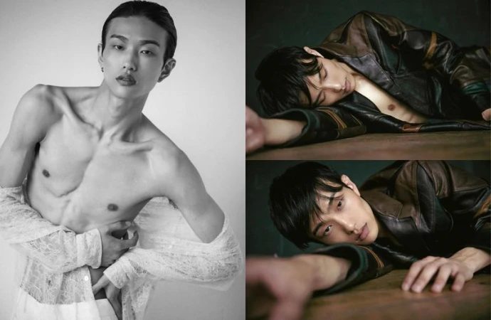 Artistic portrait of an Asian male model in a collage of studio lighting, showcasing fashion and beauty aesthetics in monochrome and color.