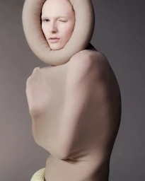 Model Alex Consani wearing a beige tubular headpiece in an editorial portrait for Beauty Papers