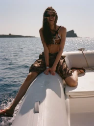 Model Nastassia Legrand seated on a boat pontoon wearing patterned swimwear against the open ocean for Pop Magazine.