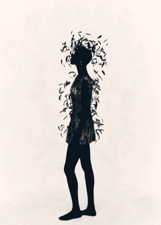 Silhouette of woman in a dress with feathered embellishments, creating a dark, graphic design against a light backdrop.