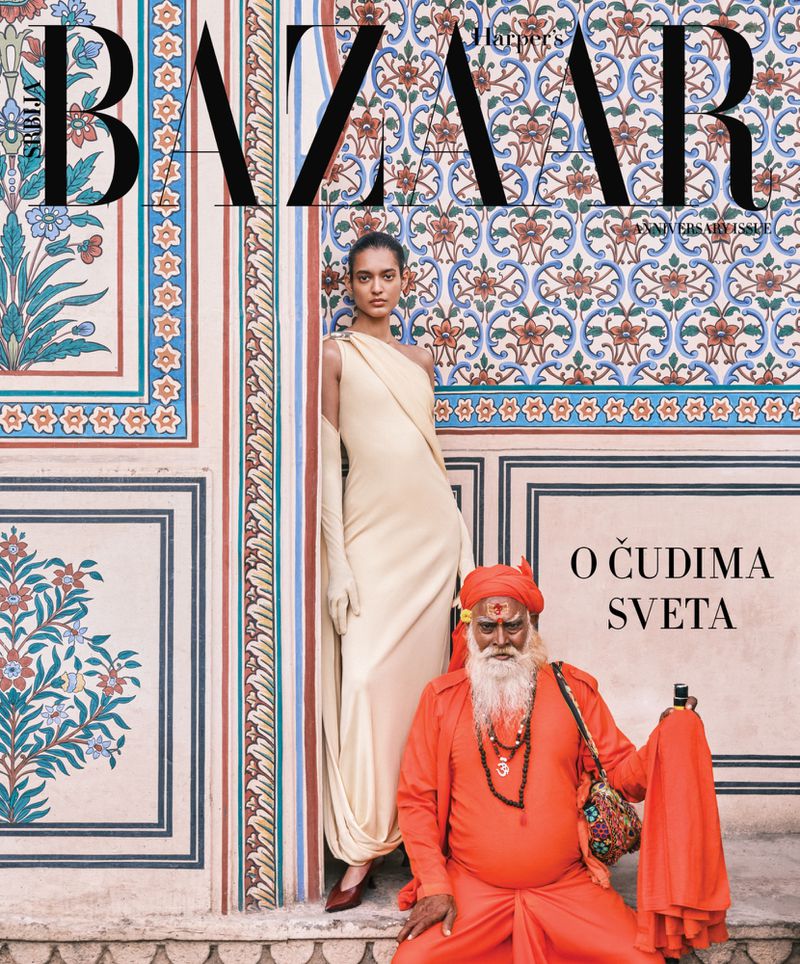 Harper's Bazaar Serbia cover featuring a model in a cream-colored dress and an Indian guru against a decorative wall.
