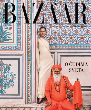Harper's Bazaar Serbia cover featuring a model in a cream-colored dress and an Indian guru against a decorative wall.
