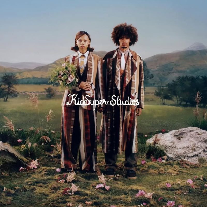 A couple stands in a field of flowers, wearing striped suits in an outdoor setting with a sky and mountain backdrop.