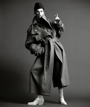 Model Giedre Dukauskaite wearing an oversized trench coat and beanie in a black and white editorial photograph for Harper's Bazaar España.