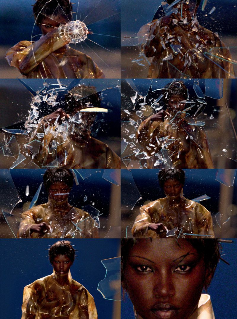 A collage featuring a Black model in dynamic poses as she seemingly breaks through glass, with a close-up highlighting her striking features.