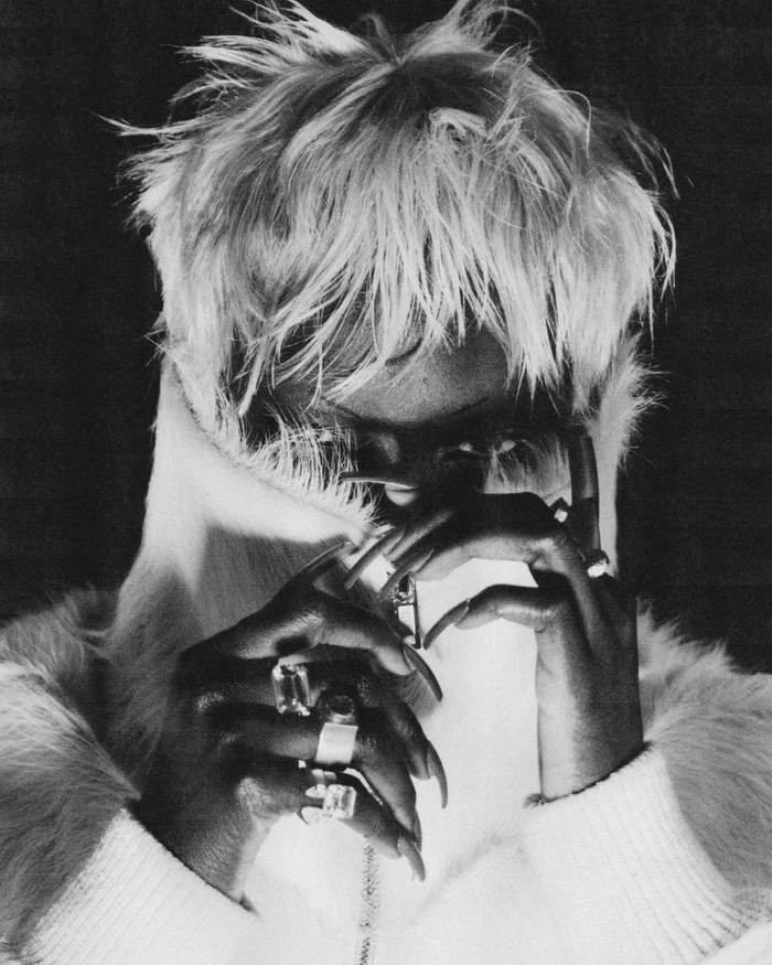 Black and white editorial portrait of model Anok Yai in a high-collar fur coat and statement rings with hands near her face.