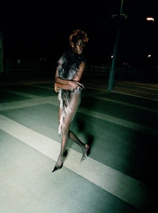 Model Anok Yai wearing a feathered dress standing on a rooftop at night for The Perfect Magazine.