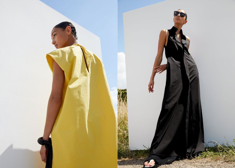 Diptych of a female model wearing a yellow sleeveless dress and a long black dress against white walls outdoors.