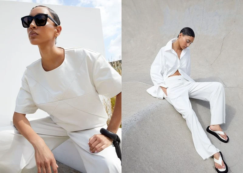 Two dark-haired women model white outfits in a split-screen fashion editorial, with natural light and clean backdrops.