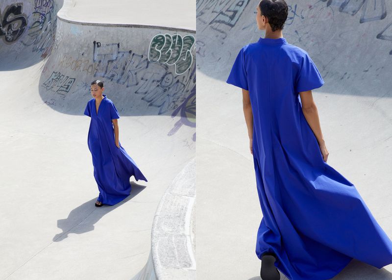 Two images of a young woman in a blue dress posing in an outdoor skatepark with graffiti, showcasing fashion and urban style.