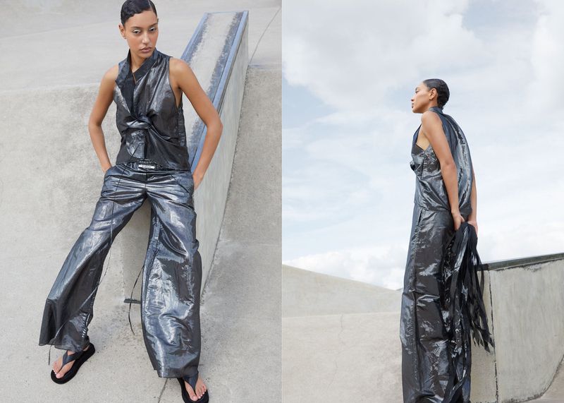 Two views of a young woman posing in a metallic-grey, two-piece outfit with palazzo pants, standing on a concrete ramp outdoors.