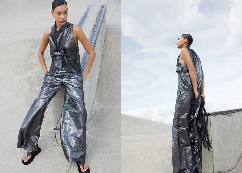 Two views of a young woman posing in a metallic-grey, two-piece outfit with palazzo pants, standing on a concrete ramp outdoors.