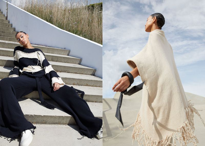 Two fashion models pose outdoors in knitted outfits, one in black and white on stairs, the other in cream with a black belt against the sky.
