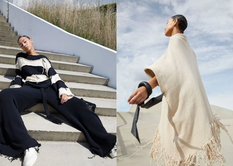 Two fashion models pose outdoors in knitted outfits, one in black and white on stairs, the other in cream with a black belt against the sky.