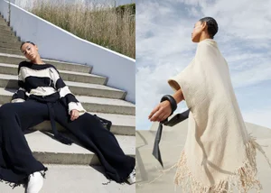 Diptych of a fashion model wearing knitwear on concrete stairs and outdoors against a cloudy sky, photographed by Tamara Arne.