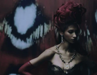 Model with voluminous dark red updo hair wearing elaborate jeweled necklace and strapless gown against dark textured backdrop