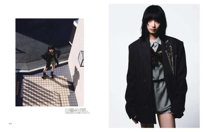 Fashion editorial shot of an Asian woman wearing an oversized blazer and short shorts, posing in both outdoor and indoor environments.
