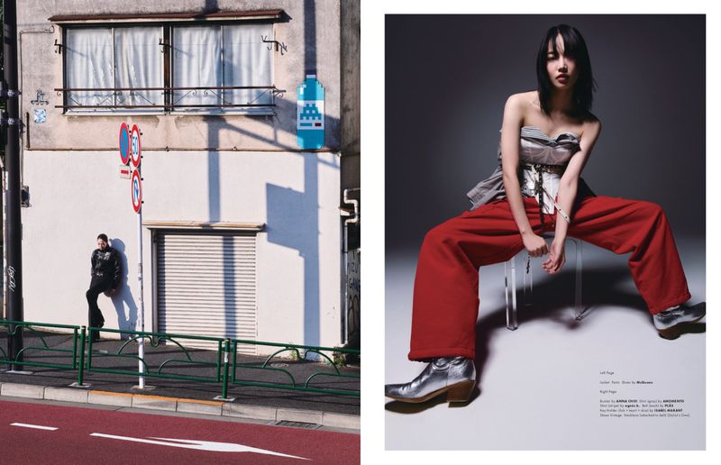 Two-part fashion editorial featuring a model in red pants and an urban street scene with a man leaning against a wall, creating a contrast.