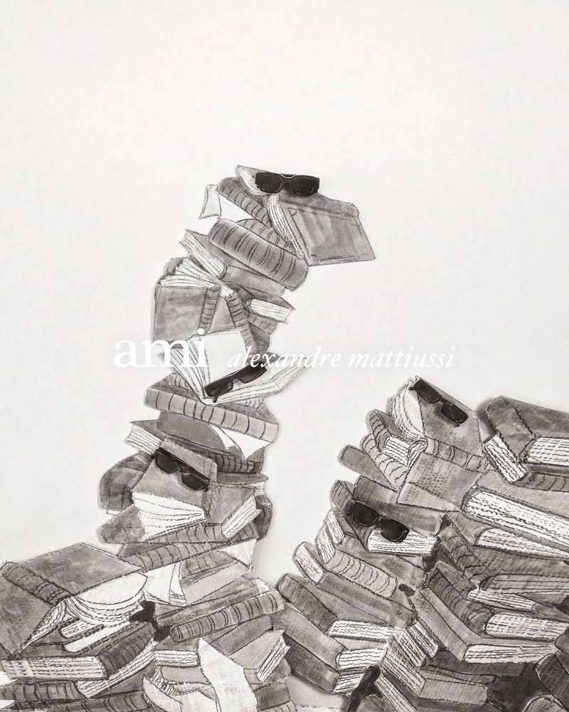 Monochrome illustration of stacked books forming figures wearing sunglasses against a light background