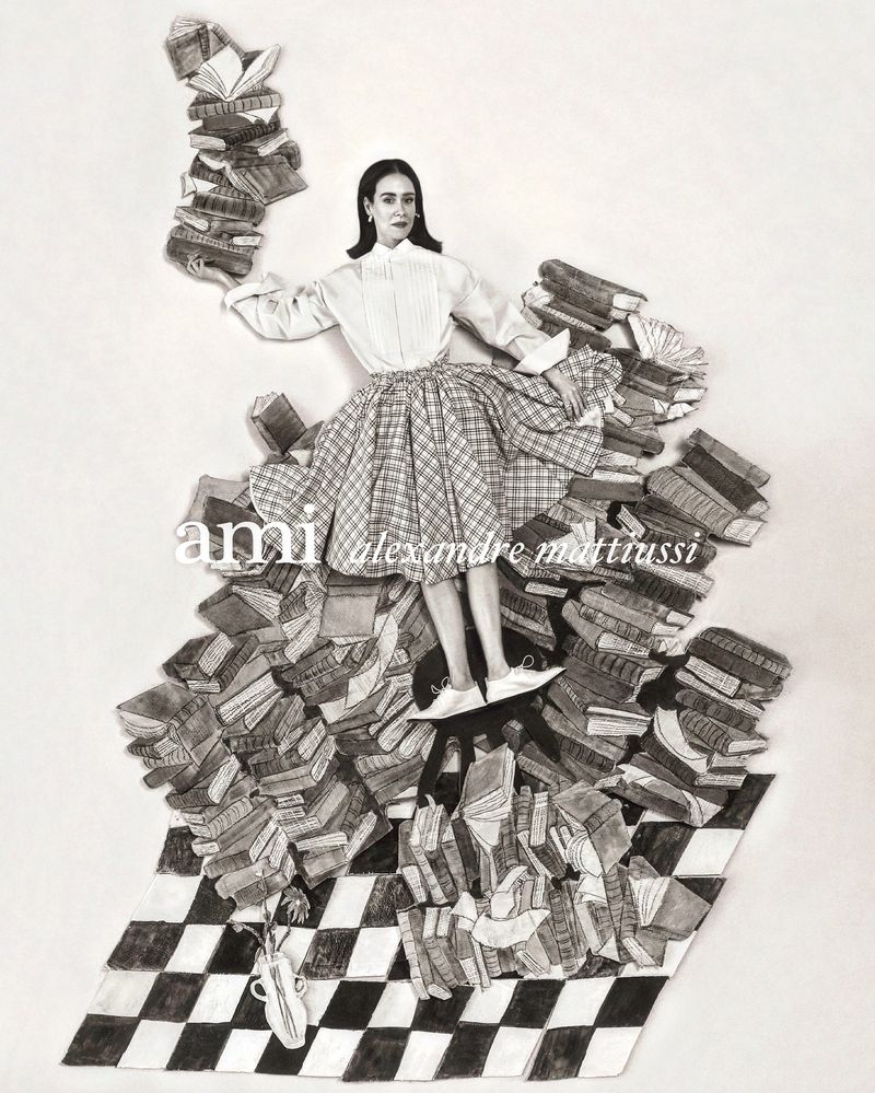 Fashion illustration of a woman in a dress surrounded by stacks of books and a checkered floor, with black-and-white colour palette.