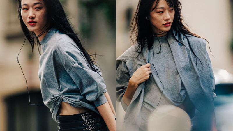 Split image shows a fashionable Asian woman wearing a gray sweater and black belt, posing outdoors with neutral expression.