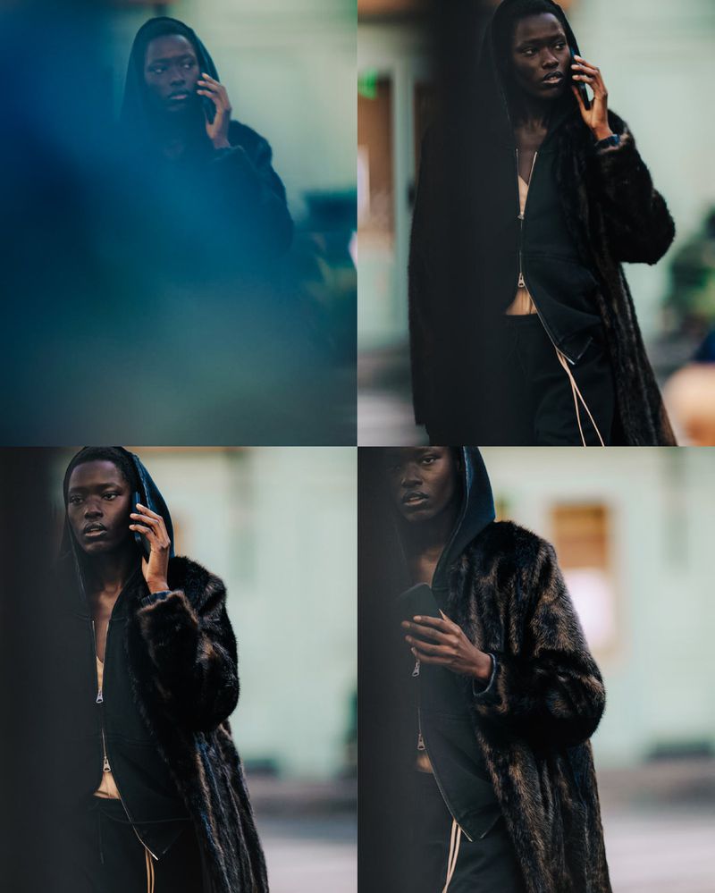 An adult male with dark skin and a hooded fur coat is photographed outdoors talking on a cell phone, captured in a stylish split frame.