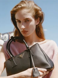Model holding a black leather handbag against a clear sky background for D Repubblica Prada Special.