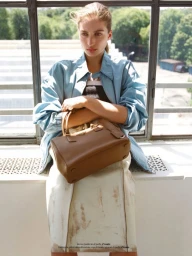 Model seated on a windowsill holding a brown leather handbag, wearing a light blue jacket and white skirt.
