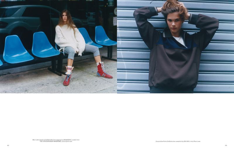 Two-panel fashion editorial shot of women posing; one seated on a blue bench, one standing in front of a blue corrugated metal wall.