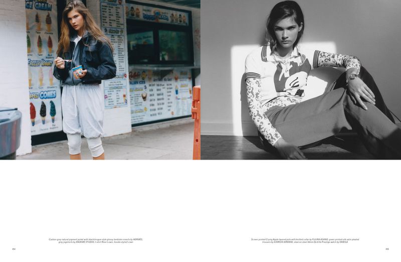 Two fashion photographs show women in different outfits. One wears a jacket and shorts, and the other sits in a patterned top and pants.