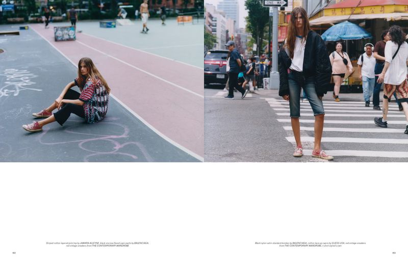 A model sits on a court in a multicoloured shirt; another model stands in denim shorts in an urban environment for fashion editorial.