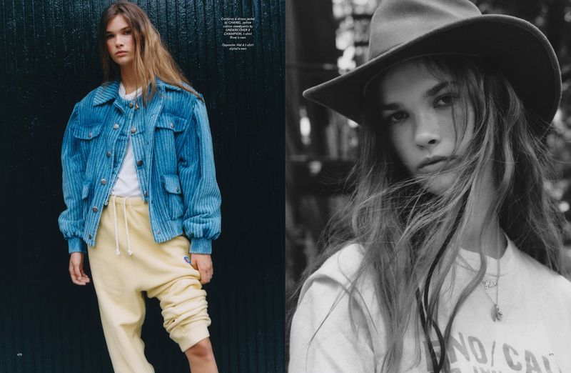 Fashion shot featuring a young adult female model wearing a blue corduroy jacket and yellow sweatpants, and a black-and-white closeup of a young woman in a cowboy hat.