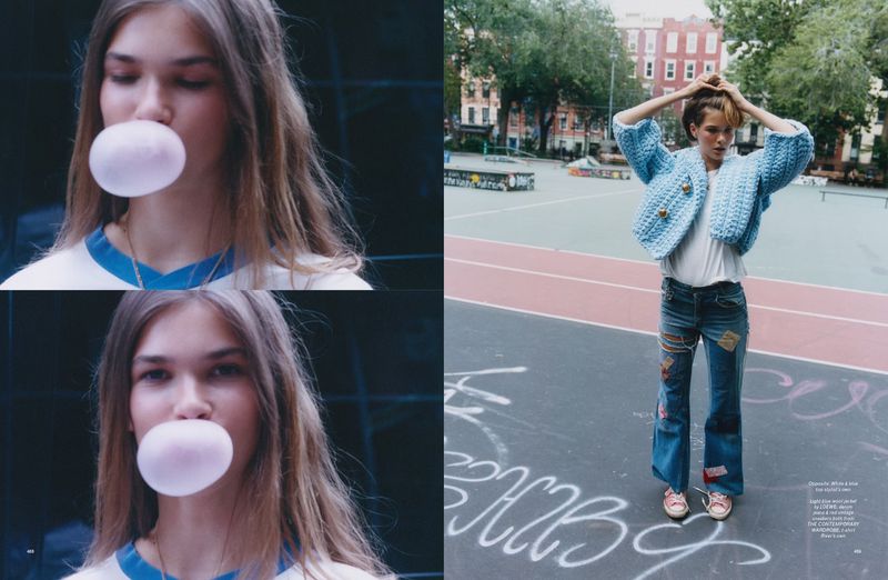 Two-part image shows a young woman blowing bubblegum bubble; full-length shot of a girl on a graffiti-covered playground.